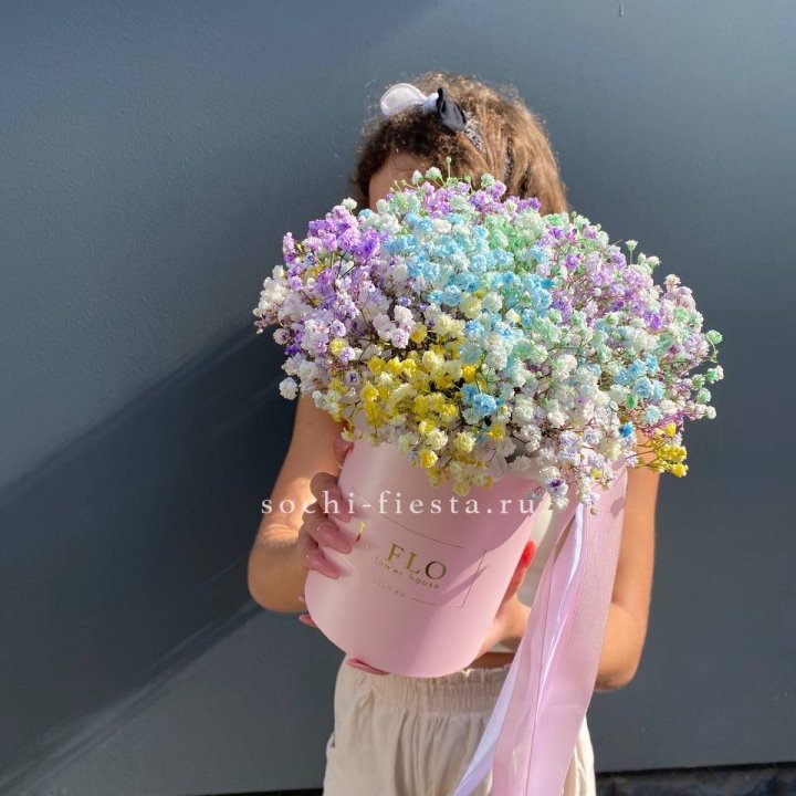 Радужные гипсофилы в шляпной коробке в Новосибирске