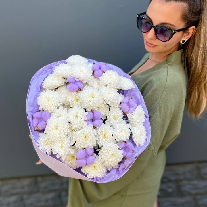  Букет  хризантем и хлопка в Новосибирске