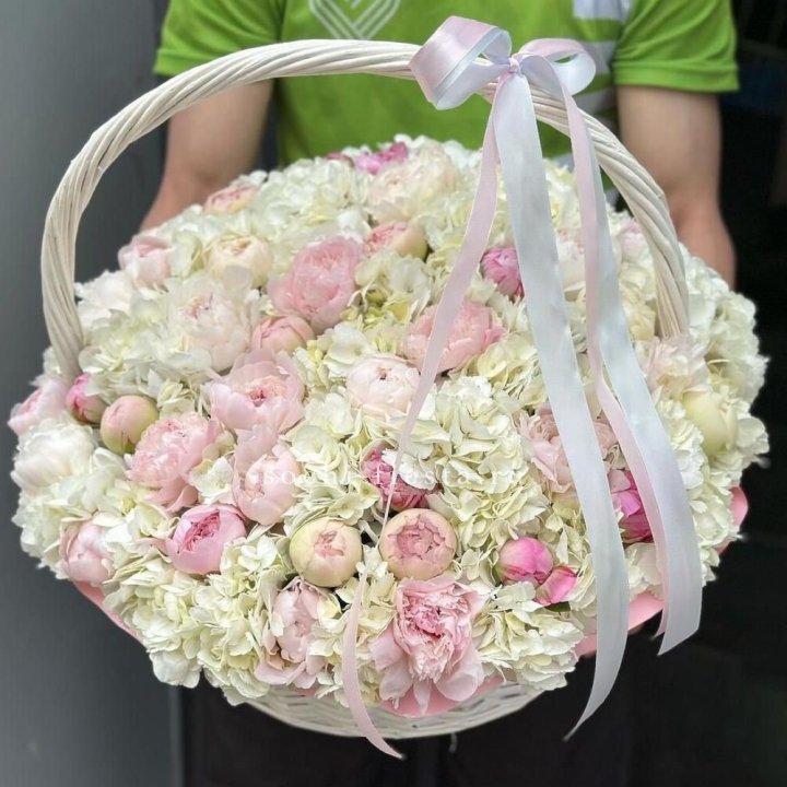 Премиум корзина гортензий и пионов в Новосибирске