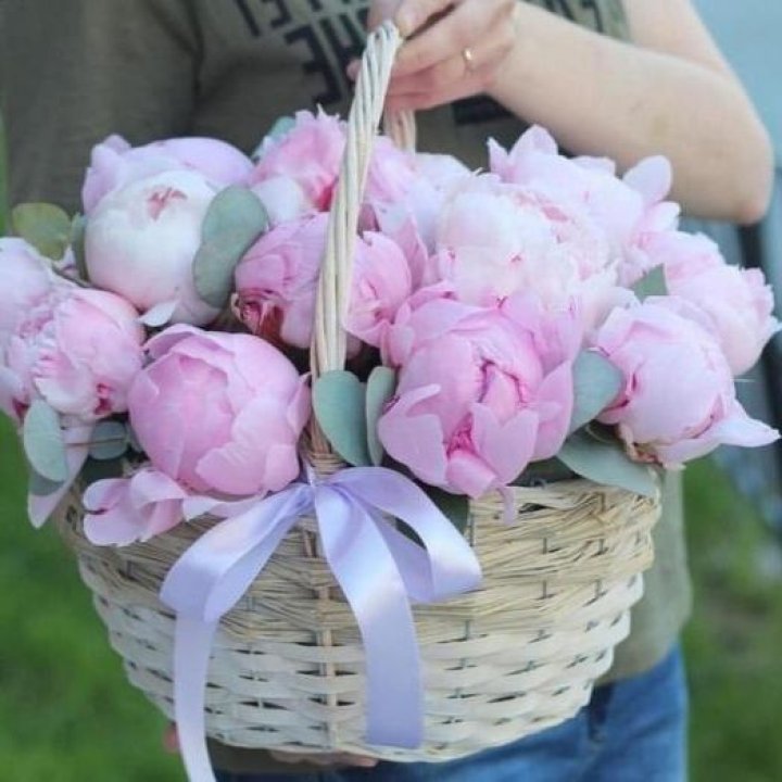 15 пионов в корзине в Новосибирске