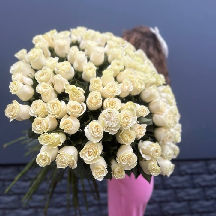 101 белая высокая импортная роза под ленту в Новосибирске